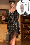 Sparkly Black Sequins 1920-tallet Flapper kjole med 20s tilbehør