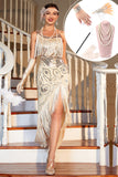 Champagne Sequined Fringed 1920 -tallet Gatsby kjole med tilbehør sett