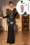 Black Sequined Fringed Long 1920 -tallet Gatsby kjole med tilbehør sett