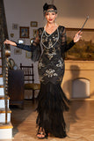 Black Sequined Fringed Long 1920 -tallet Gatsby kjole med tilbehør sett