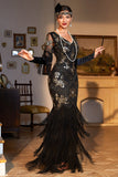 Black Sequined Fringed Long 1920 -tallet Gatsby kjole med tilbehør sett