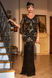 Black Sequined Fringed Long 1920 -tallet Gatsby kjole med tilbehør sett