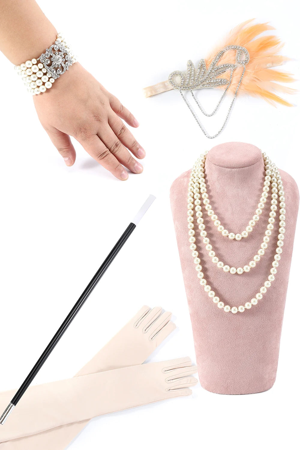 Champagne Fringed 1920 -tallet Gatsby kjole med tilbehør sett
