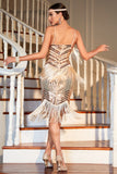 Champagne Sequined Fringed 1920 -tallet Gatsby kjole med tilbehør sett