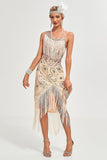 Sparkly Champagne Sequins Fringes Asymmetrisk 1920-tallet Gatsby kjole med tilbehør sett