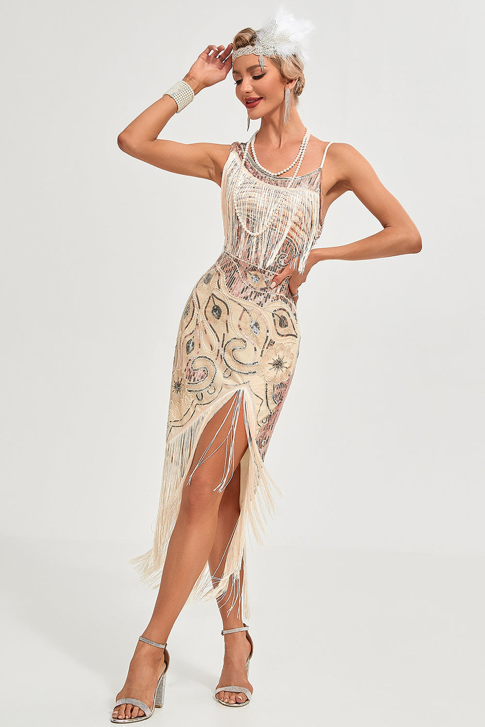Sparkly Champagne Sequins Fringes Asymmetrisk 1920-tallet Gatsby kjole med tilbehør sett
