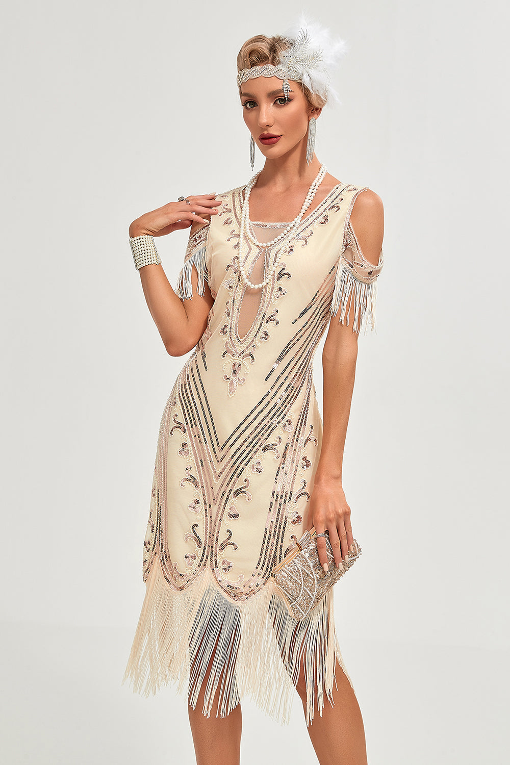 Glitter Champagne Kald skulder paljetter frynser 1920-tallet Gatsby kjole med tilbehør sett