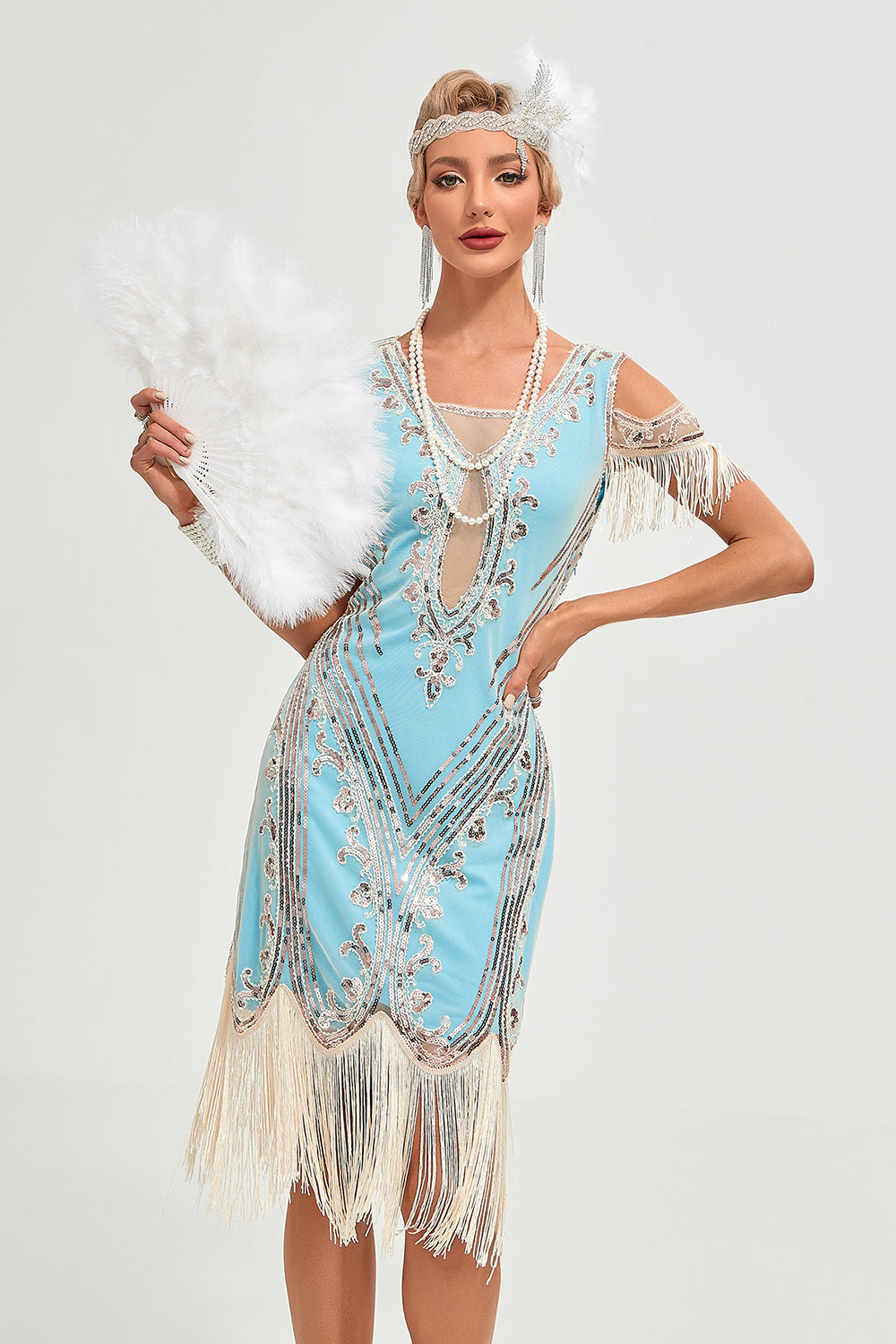 Glitter Green Cold Shoulder Sequins Fringes 1920-tallet Gatsby kjole med tilbehør Sett