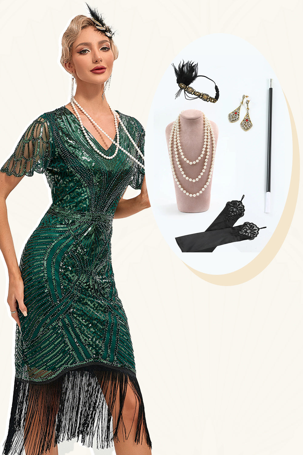 Beading Dark Green Glitter Fringes Flapper Dress med tilbehør Sett