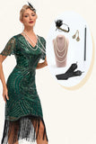 Beading Dark Green Glitter Fringes Flapper Dress med tilbehør Sett