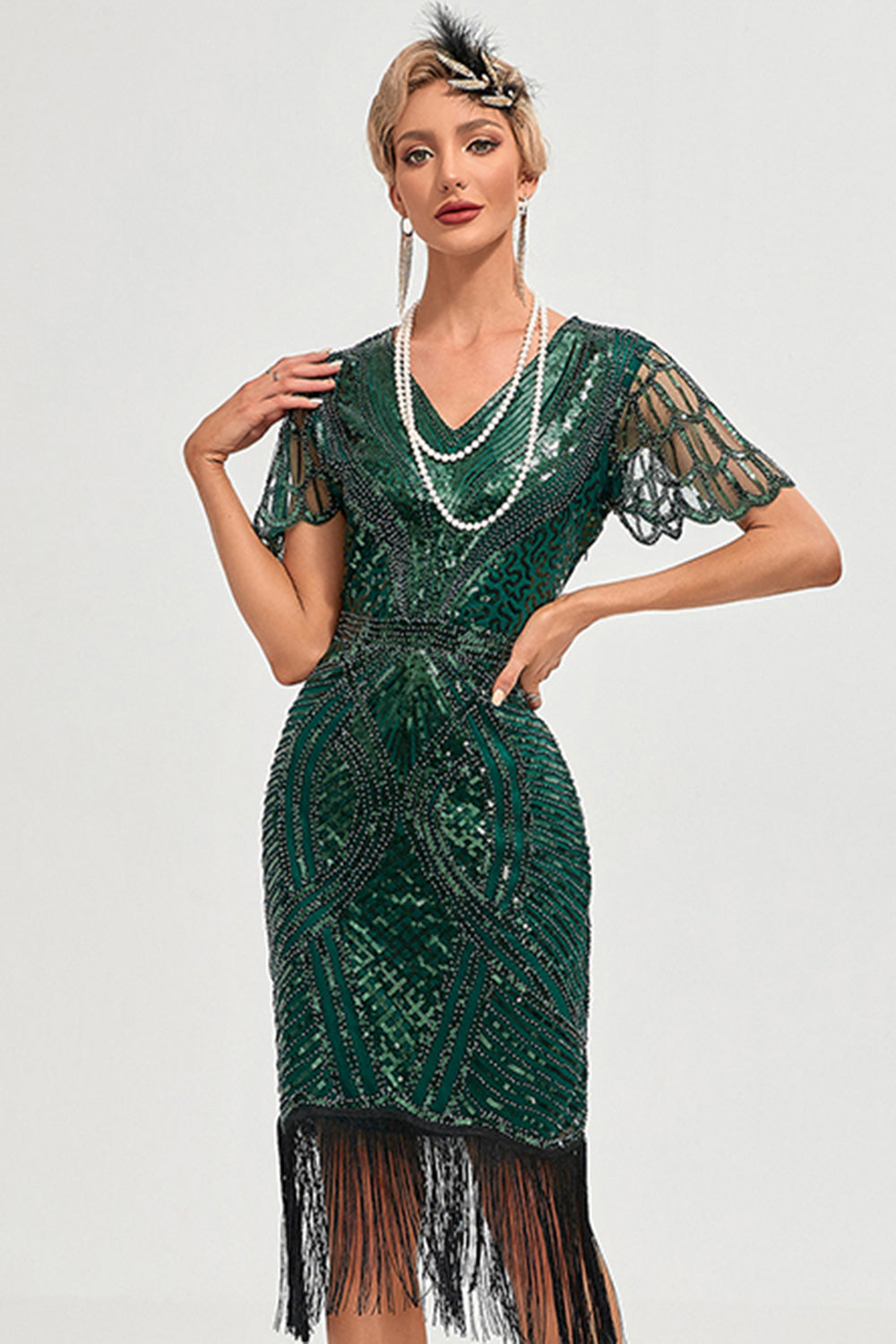Beading Dark Green Glitter Fringes Flapper Dress med tilbehør Sett