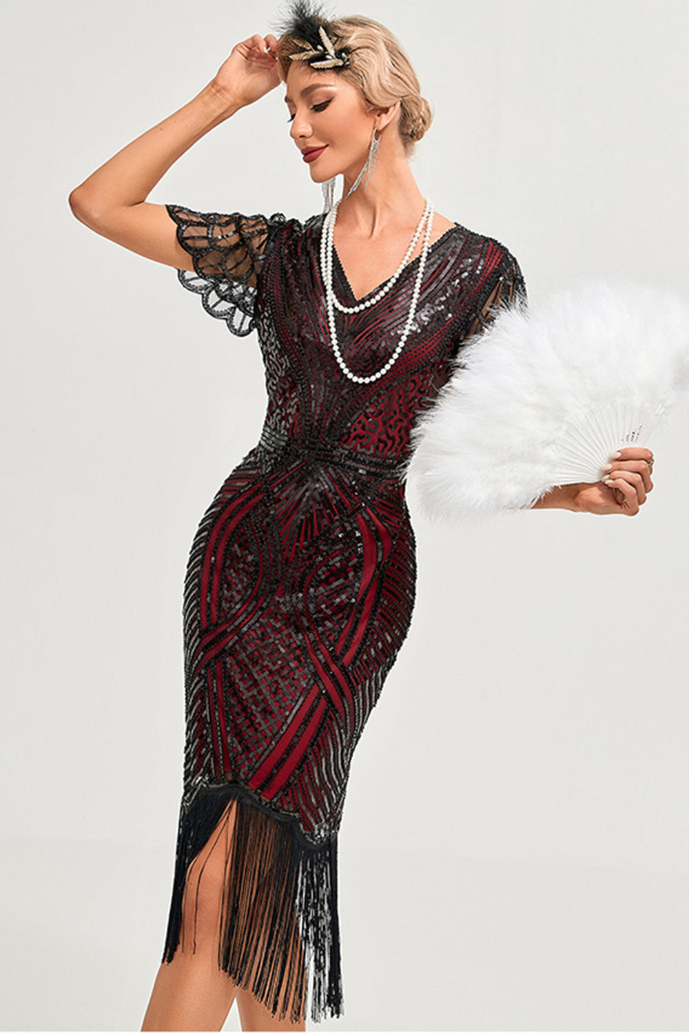 Sparkly Fringes Burgund 1920-tallet kjole med tilbehør sett