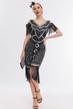 Svart Golden Cold Shoulder Fringes 1920-tallet Gatsby kjole med 20s tilbehør sett