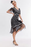 Svart Golden Cold Shoulder Fringes 1920-tallet Gatsby kjole med 20s tilbehør sett