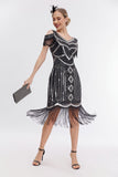 Svart Golden Cold Shoulder Fringes 1920-tallet Gatsby kjole med 20s tilbehør sett