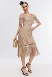 Champagne Cold Shoulder Fringes 1920-tallet Gatsby kjole med 20s tilbehør sett
