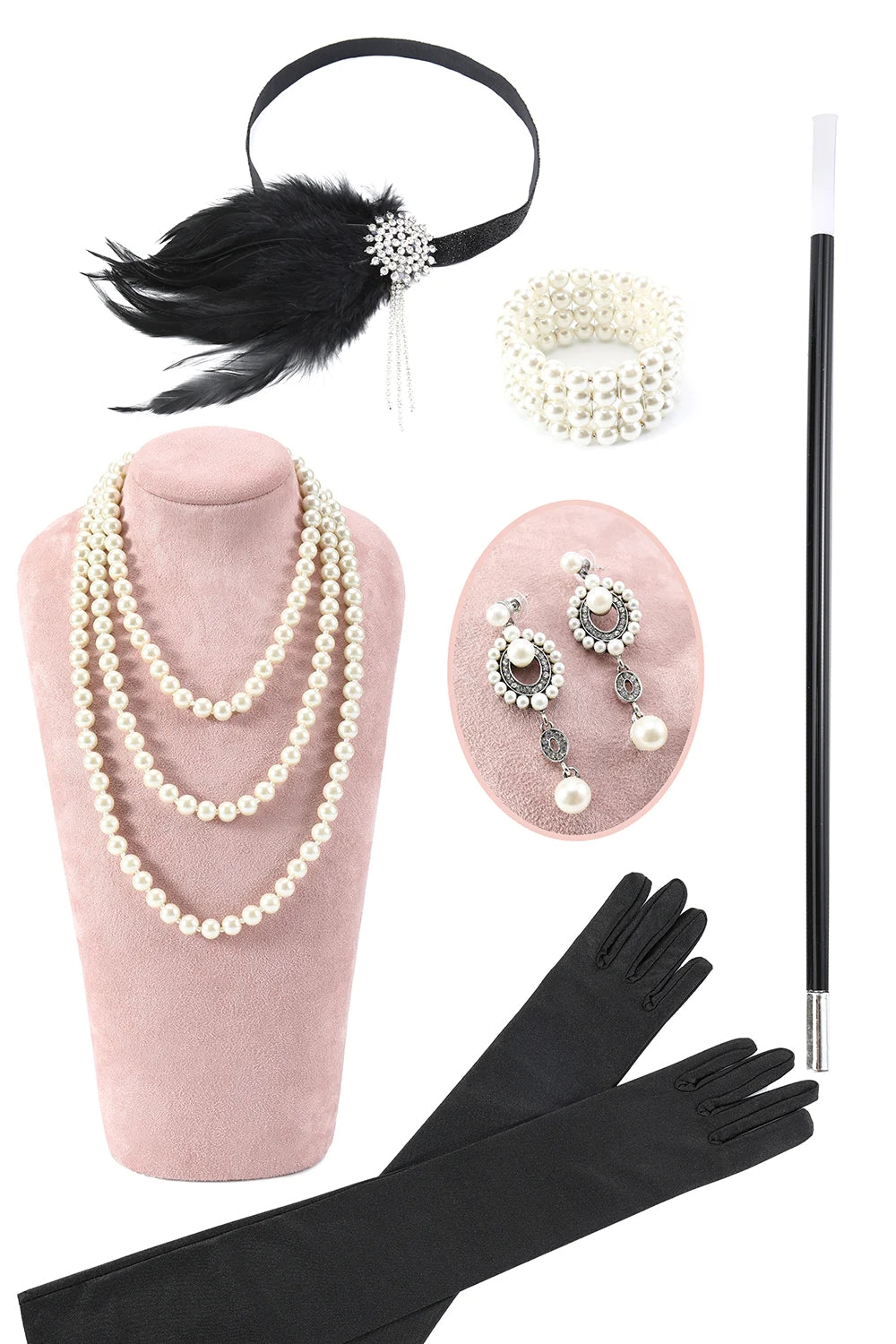 Glitrende svart frynset Gatsby-kjole fra 1920-tallet med tilbehørssett fra 20-tallet