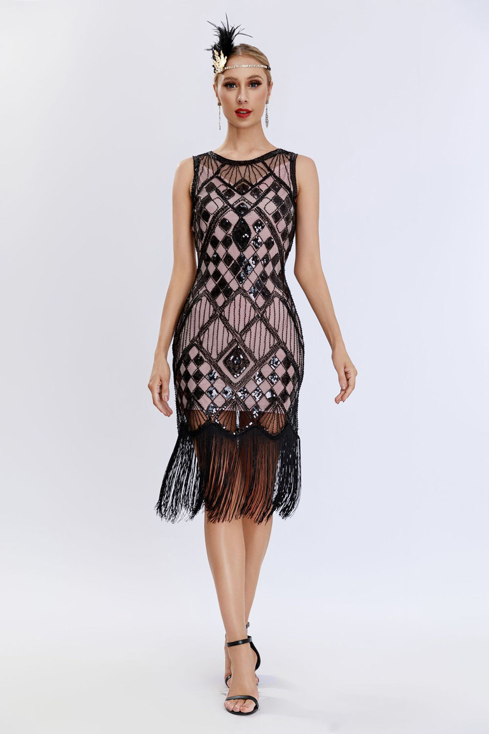Sparkly Black Blush Fringed Gatsby-kjole fra 1920-tallet med tilbehørssett fra 20-tallet