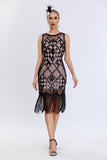 Sparkly Black Blush Fringed Gatsby-kjole fra 1920-tallet med tilbehørssett fra 20-tallet