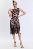 Sparkly Black Blush Fringed Gatsby-kjole fra 1920-tallet med tilbehørssett fra 20-tallet
