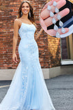 Lyseblå Sparkly Beaded Mermaid Long Prom kjole med tilbehør sett