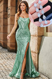 Trendy Mermaid Spaghetti stropper Green Long Prom Dress med Criss Cross Back og tilbehør Set