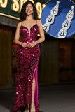 Sparkly Mermaid Spaghetti stropper Fuchsia paljetter Long Prom kjole med tilbehør sett