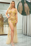 Stunning Mermaid Spaghetti stropper Golden Split Front Prom kjole med tilbehør sett