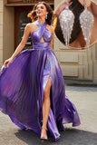 Stunning A Line Halter Neck Purple Long Prom kjole med tilbehør