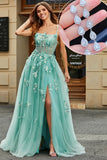 A Line Green Appliques Long Prom Dress med tilbehør