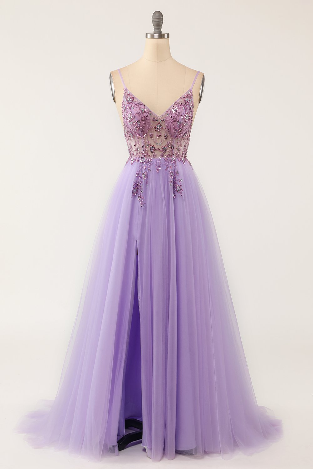 lilla beaded tulle lang ballkjole