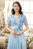 V Neck Blå Mother of Bride Dress med appliques