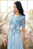 V Neck Blå Mother of Bride Dress med appliques
