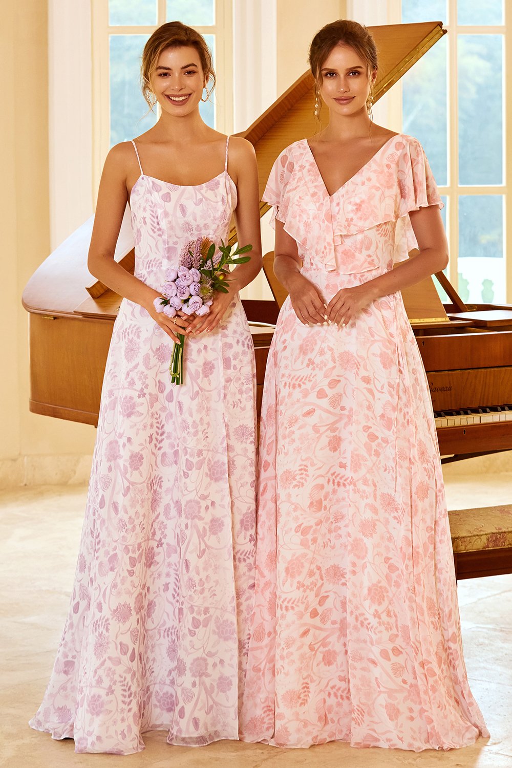 en linje spaghetti stropper lilla blomst trykt brudepike kjole