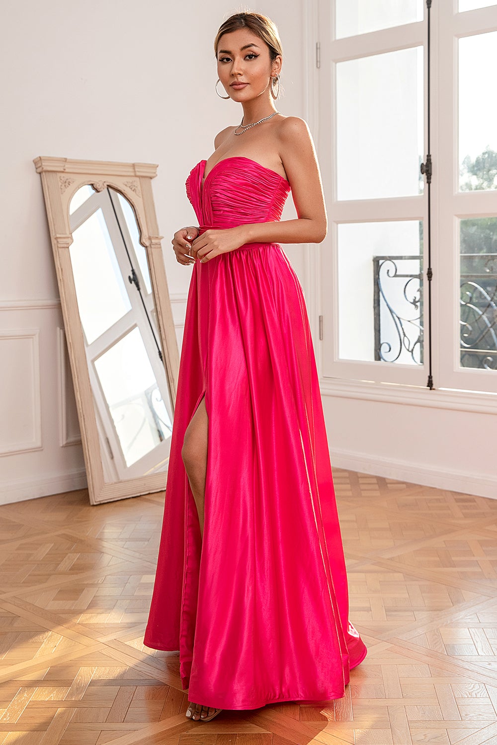 Fuchsia Strapless Prom Kjole med Slit