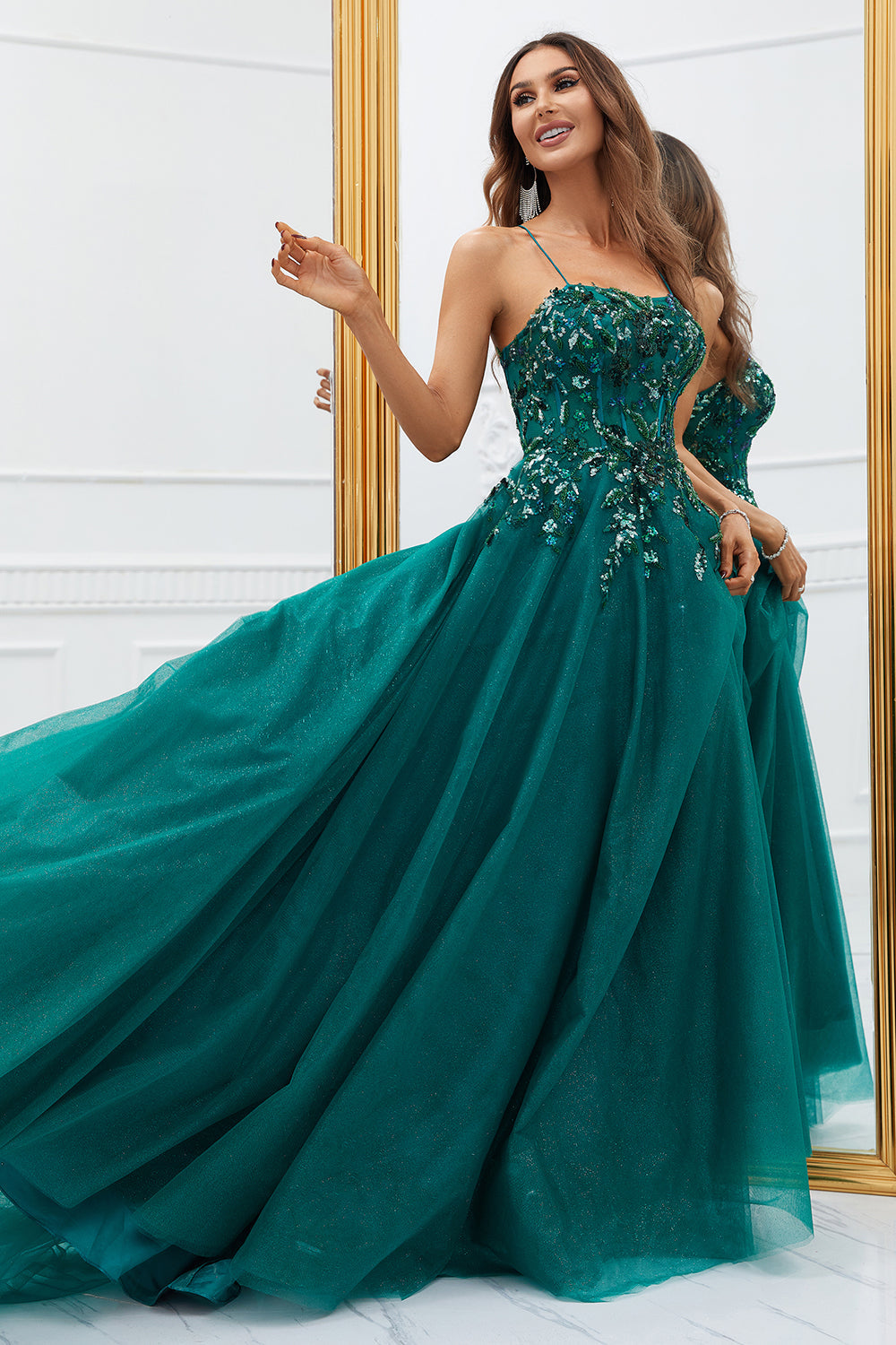 Sparkly Dark Green Tylle Long Prom Dress med Appliques