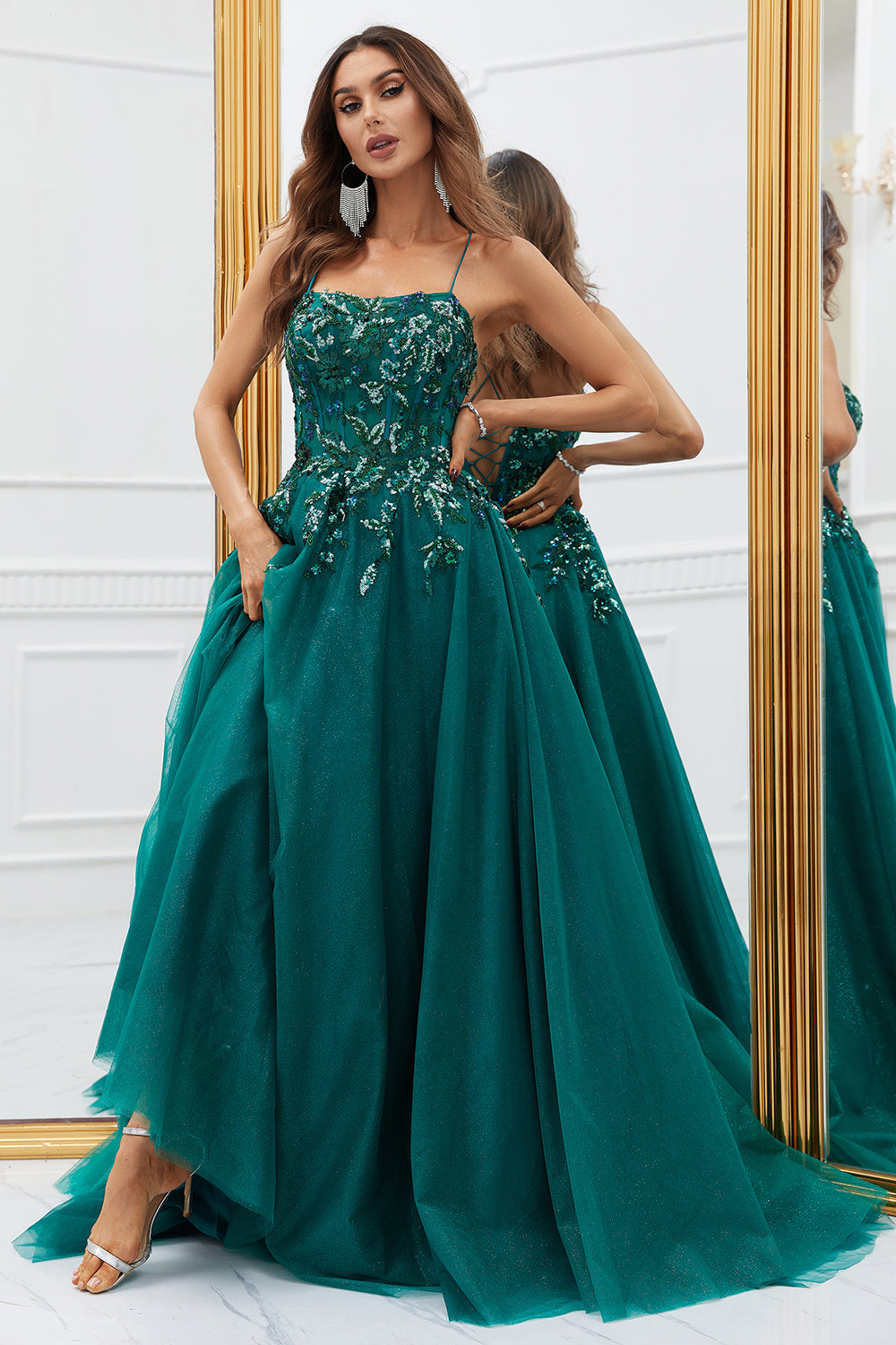 Sparkly Dark Green Tylle Long Prom Dress med Appliques