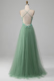 Sparkly Green A-line spaghetti stropper korsett ballkjole med applikasjoner