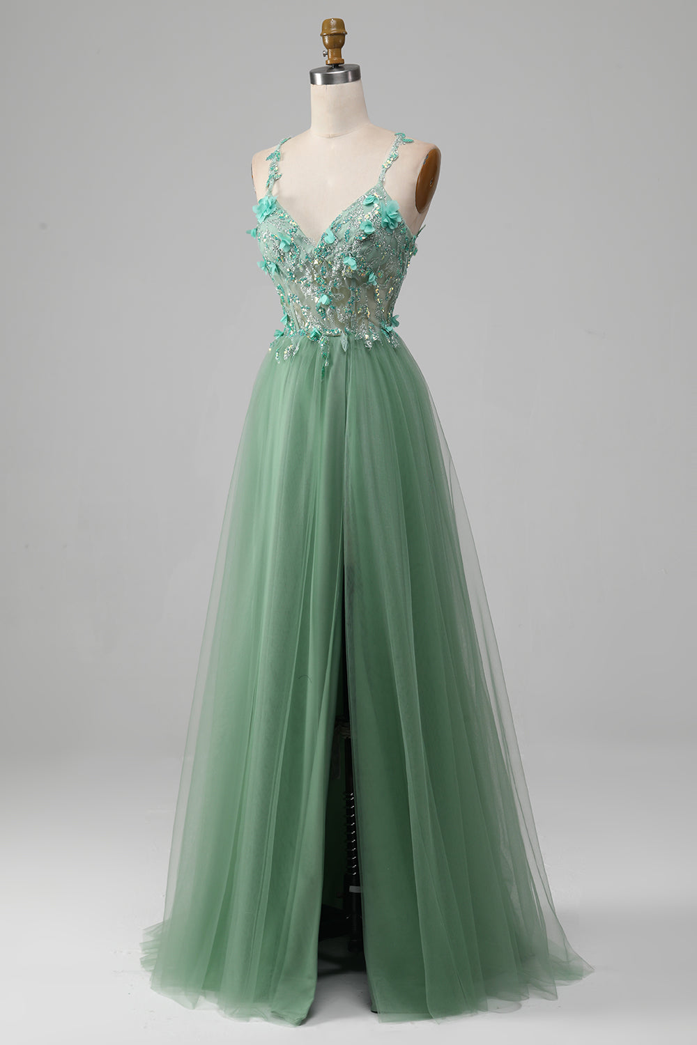 Sparkly Green A-line spaghetti stropper korsett ballkjole med applikasjoner