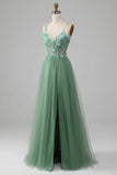 Sparkly Green A-line spaghetti stropper korsett ballkjole med applikasjoner
