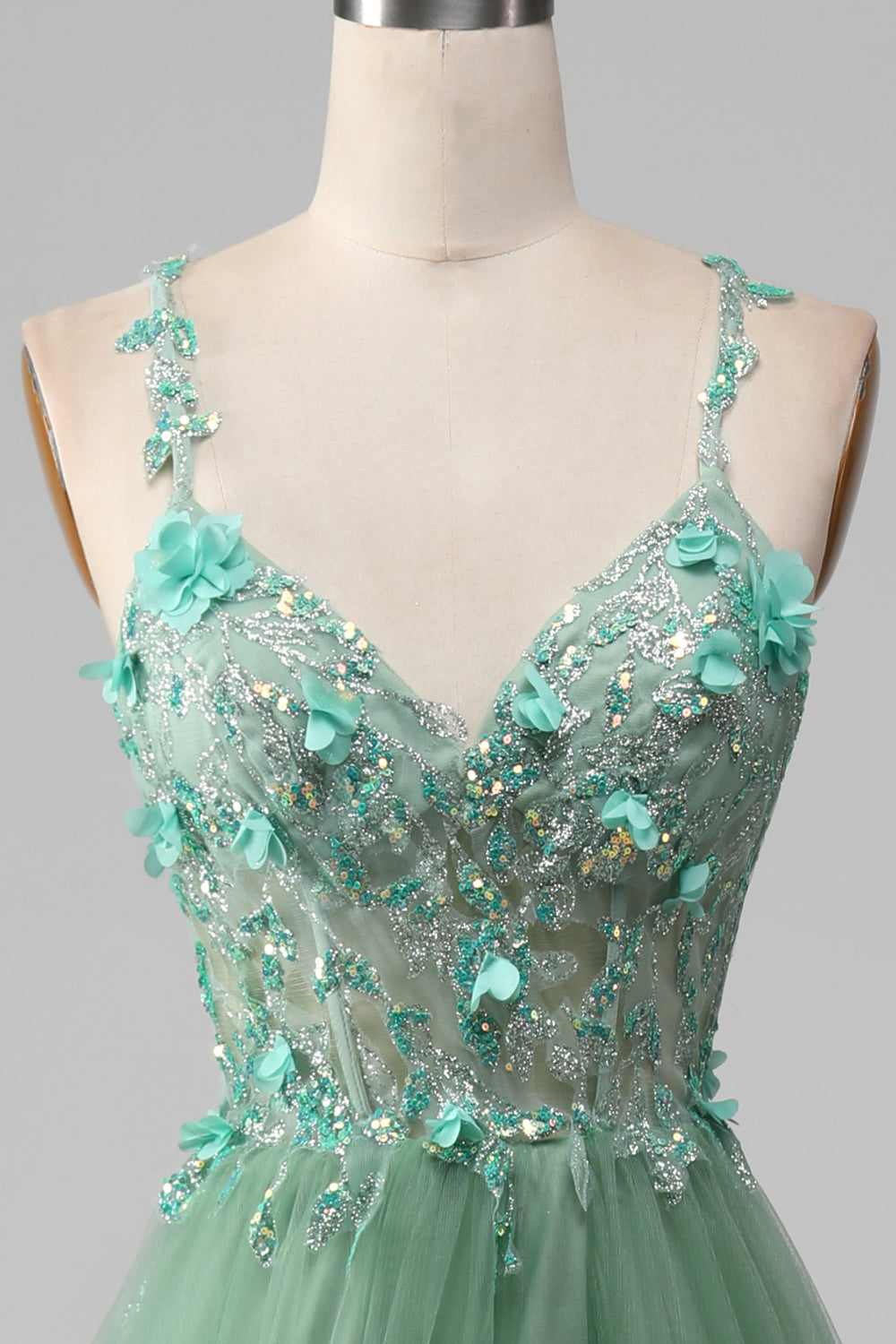Sparkly Green A-line spaghetti stropper korsett ballkjole med applikasjoner