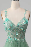 Sparkly Green A-line spaghetti stropper korsett ballkjole med applikasjoner