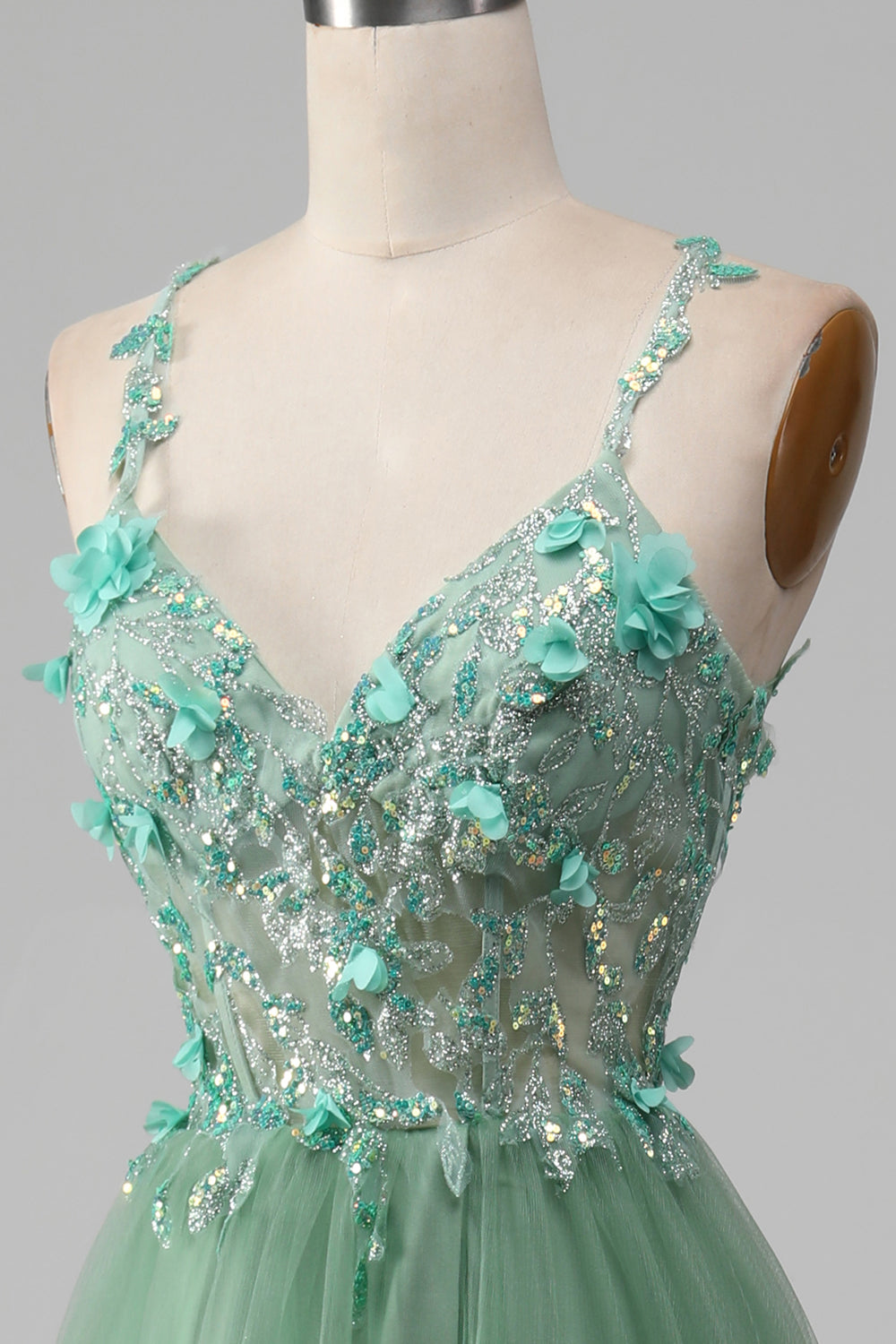 Sparkly Green A-line spaghetti stropper korsett ballkjole med applikasjoner