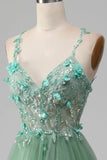 Sparkly Green A-line spaghetti stropper korsett ballkjole med applikasjoner