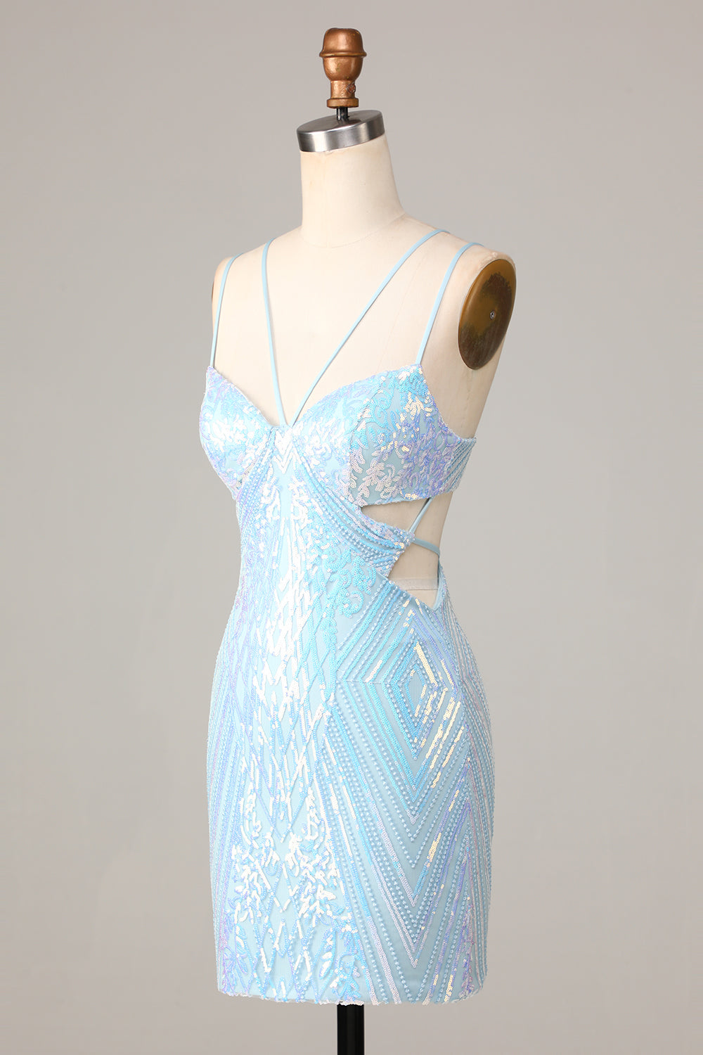 Så fantastisk bodycon spaghetti stropper blå paljetter kort hjemkomstkjole