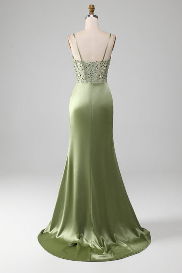Sage Green Sweetheart Neck Spaghetti stropper Satin plissert havfrue korsett Prom kjole