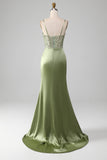 Sage Green Sweetheart Neck Spaghetti stropper Satin plissert havfrue korsett Prom kjole