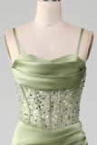 Sage Green Sweetheart Neck Spaghetti stropper Satin plissert havfrue korsett Prom kjole