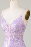 Sparkly Mermaid Spaghetti stropper Lilla korsett Prom kjole med Slit