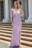 Lilla Sparkly Appliques korsett Prom kjole med Slit